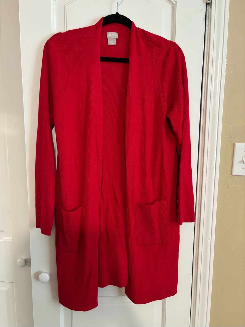 Chico's Long Open-Front Cardigan in Bright Red
